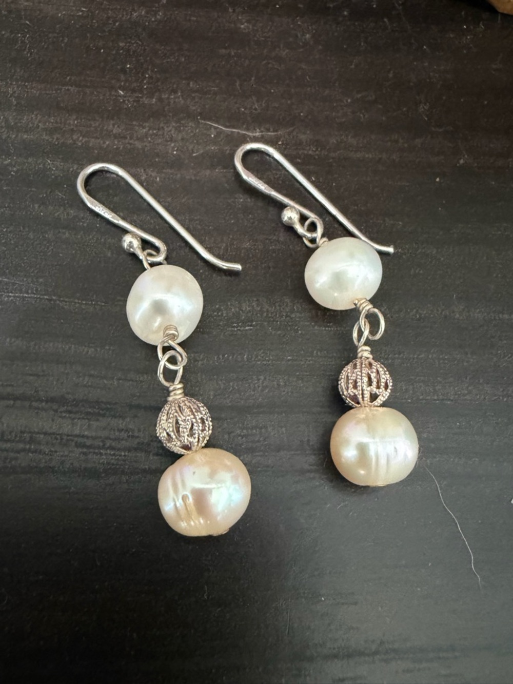 Sterling Silver Pearl Dangling Earrings